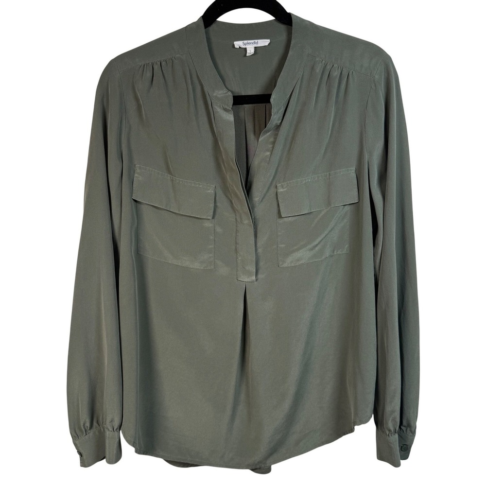Splendid Silk Blend Mixed Media Blouse Lg Utility Pocket Top Quiet Luxury Modern
